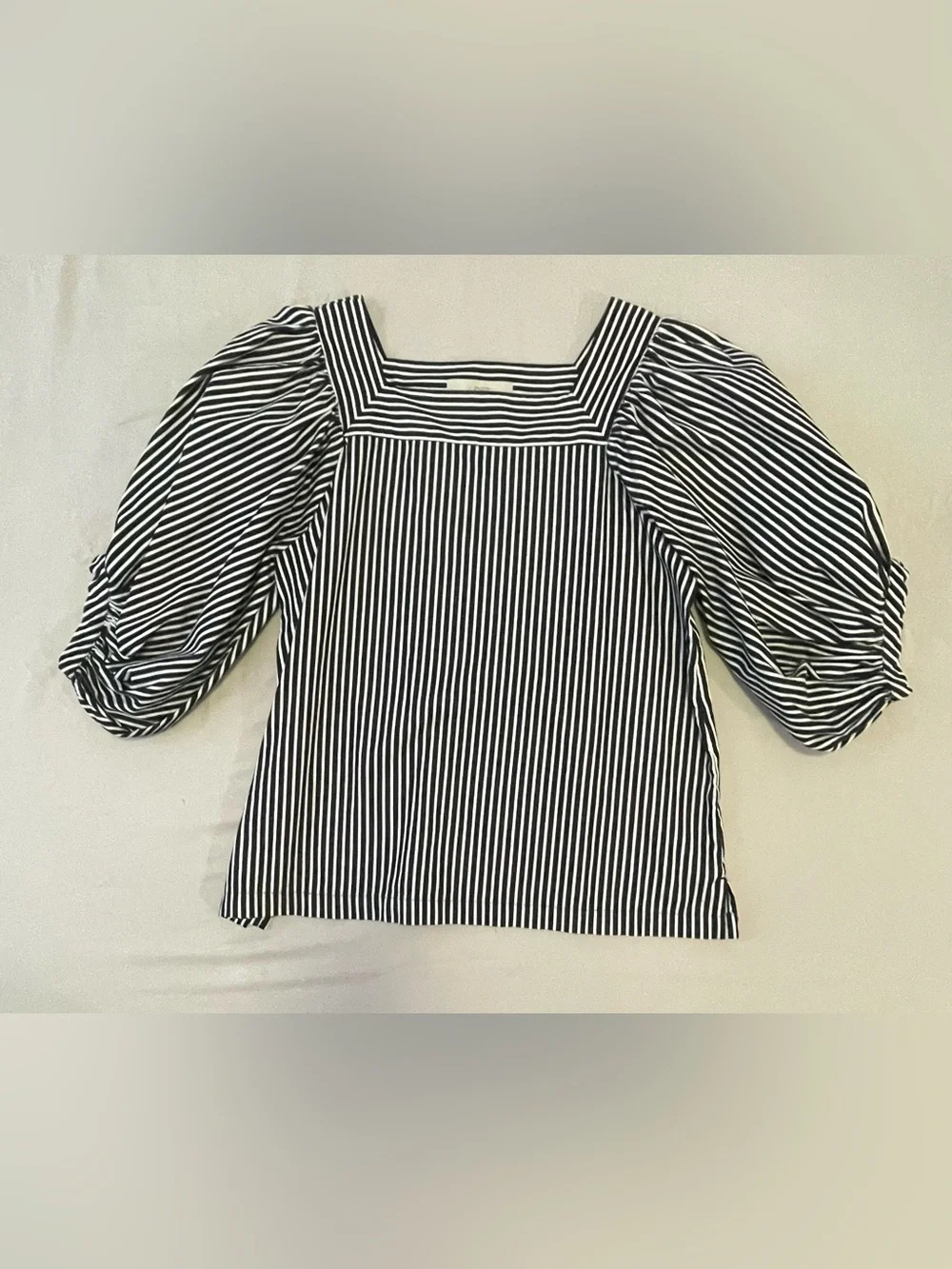 LOFT Black and White Striped Square Neck Puff Sleeve Top